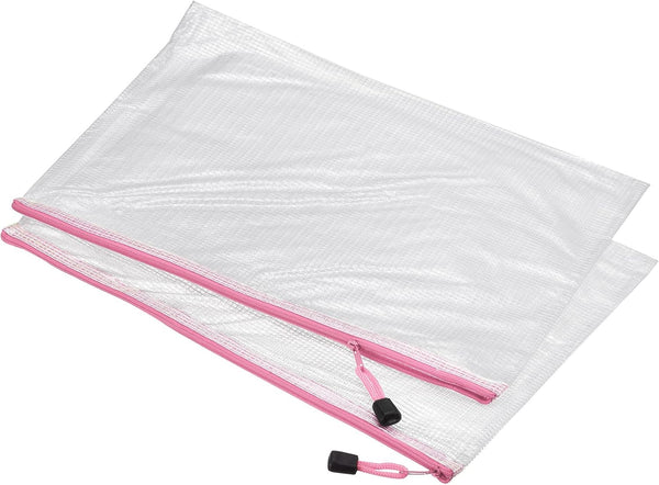 MECCANIXITY A3 Size Mesh Zipper Bags, Plastic Zip File Pouch Document Folders for Home Office Travel (Pink, Pack of 3)