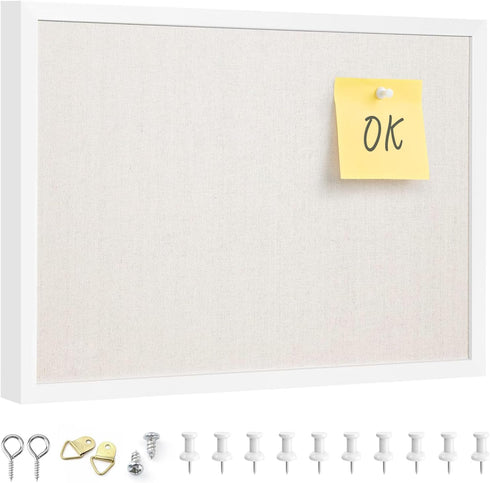 OWLKELA 11"x14.6" Bulletin Board with Linen, White Wood Style Frame, Ideal for School, Home, Office with 10 Pushpins
