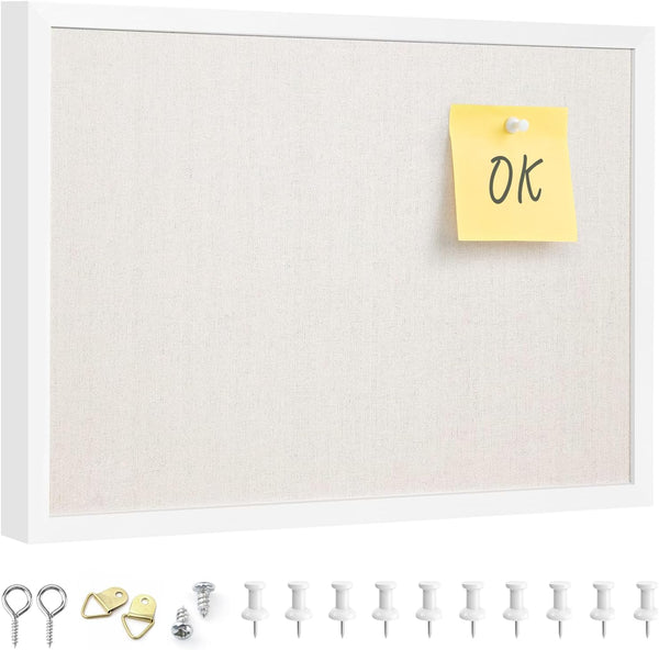 OWLKELA 11"x14.6" Bulletin Board with Linen, White Wood Style Frame, Ideal for School, Home, Office with 10 Pushpins