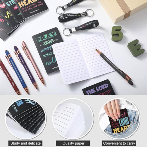 PerKoop 48 Pcs Inspirational Gifts Set - 3 x 5 Inch Bible Notepads, Ballpoint Pens, Keychains for School Office