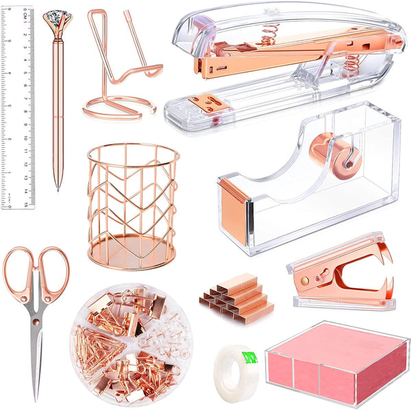 Rose Gold Office Supplies Set, Acrylic Stapler, Tape Holder, Scissors, Phone Holder, Ruler, 300 Notes & More