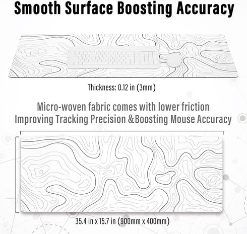Ovenbird Large Gaming Mouse Pad: Minimalist Topographic Map Desk Mat, Extended XL Anti-Slip Base, 35.4 x 15.7 in, White