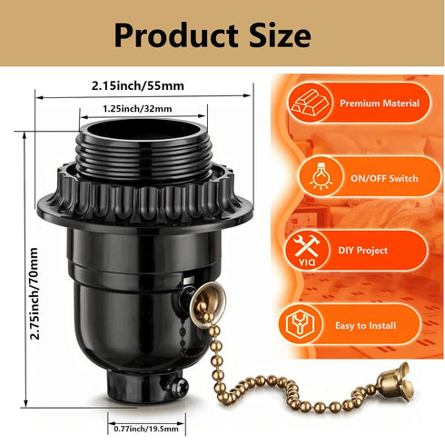 Switch,3 Pack E26 E27 Phenolic Medium Base Light Socket with Pull Chain TWDRTDD Black Period Style Edison Retro Pendant