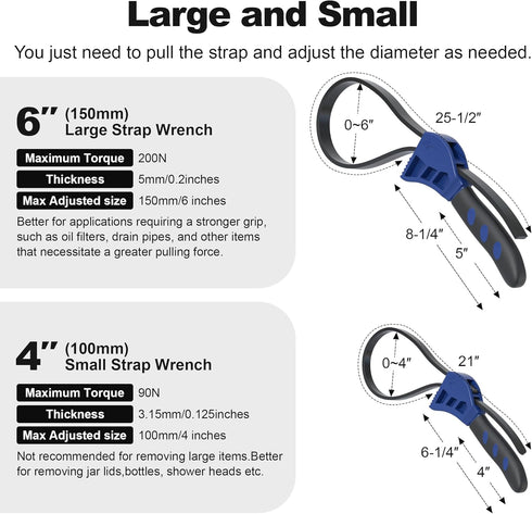 Upgraded Strap Wrench Set, 2pcs Adjustable Rubber Strap Wrench, Oil Filter Strap Wrench, Max Diameter 4" and 6", Strap Wrench Plumbing with Reinforced Rubber Belt, Jar Opener for Weak Hands by XDENGP