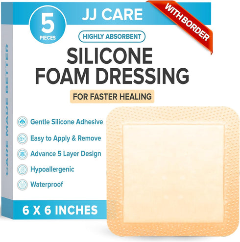 JJ CARE Silicone Foam Dressing 6x6, Pack of 5, Waterproof Wound Dressing with Adhesive Border