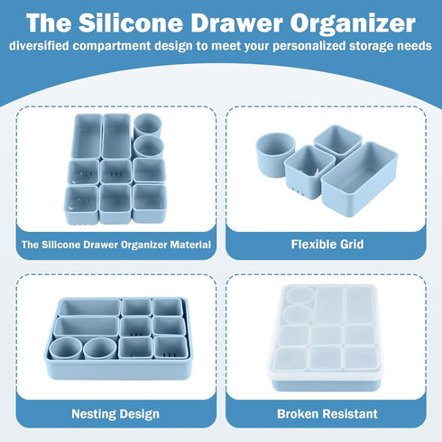 Jalopink Set Silicone Makeup Organizer Drawer with Clear Lid - Stackable Vanity & Bathroom Drawer Organizer, Adjustable