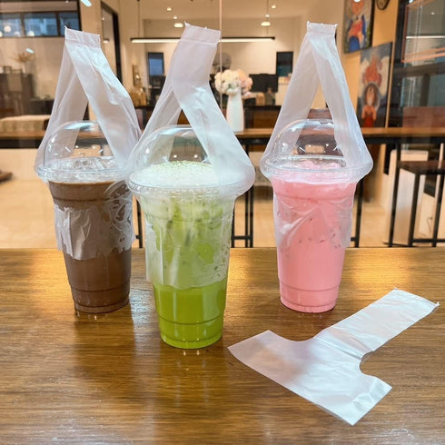 100PCS Plastic Clear Handle Drink Containers Bags for Shops Stores Delivery Hanging Carry Take Out Beverage Coffer Milk