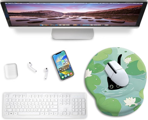 Blusabaca Mouse Pad with Wrist Rest, Cat Lotus Leaf Ergonomic Mouse Pads Wrist Support for Desk, Cute Gaming Mousepad
