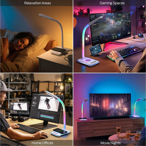 SMARTERIOR Sync,Dimmable RGB Gaming Desk Lamp with Music LED Lamp with Wireless Charging Station,USB Charging