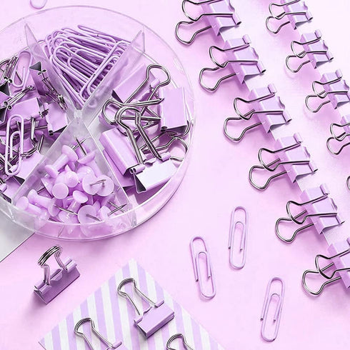 Purple Paper Clips and Binder Clips Set, 216 pcs, Cute Metal Assorted Sized Binders with Push Pins