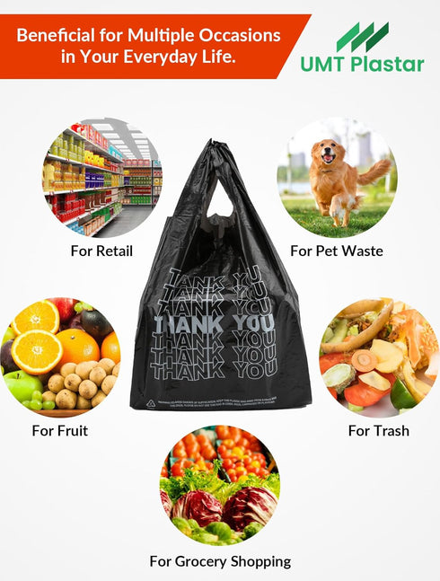 500 Count 12" 6" 22", 15 UMT Plastar Thank You Plastic Bags, x x Mic Black T Shirt Grocery Bags with Handles, Ideal