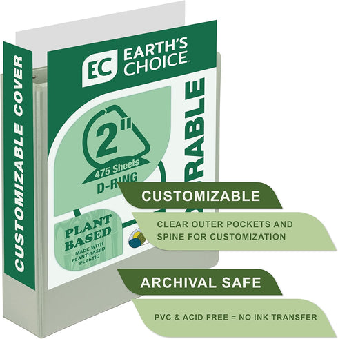 Samsill Earth's Choice 2 Pack, 2-Inch Durable D-Ring View Binder, Eco-Friendly, USDA Certified Biobased, Sage Green