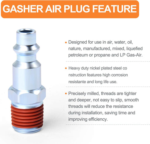 GASHER 1/4-Inch NPT Male Industrial Air Plug - Pneumatic Plugs, 300PSI, Pack of 10