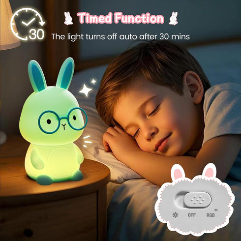7-Color 3-Level Dimmable 30Min Bunny Night Light for Kids, Soft Silicone Nursery Lamp, Glow, Warm Light, Tap Control