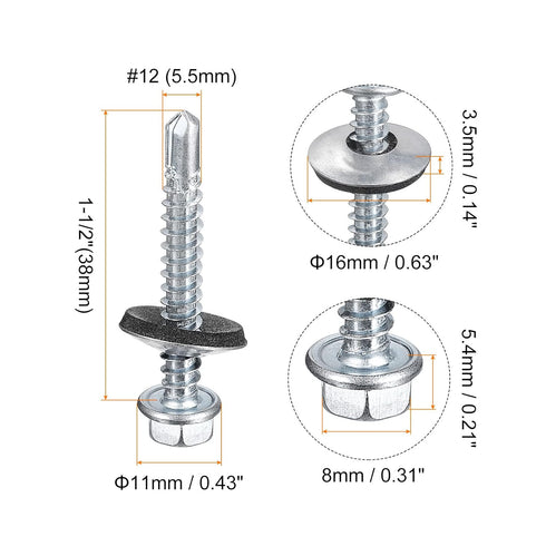uxcell #12 x 1-1/2" Self Drilling Screws with Rubber Washer - 100pcs Zinc Plated Steel Roofing Screws
