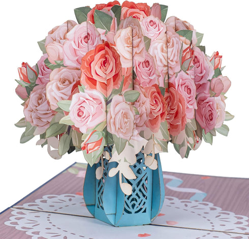 Paper Love 3D Pop Up Card, Pink Roses Gift for Mother's Day, Birthday, Thank You, Get Well - 5" x 7" with Envelope