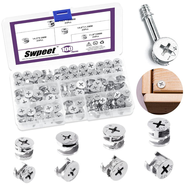 Swpeet 100Pcs 4 Sizes Furniture Connecting Cam Lock Fittings Assortment Kit for Closets and Bed Furniture