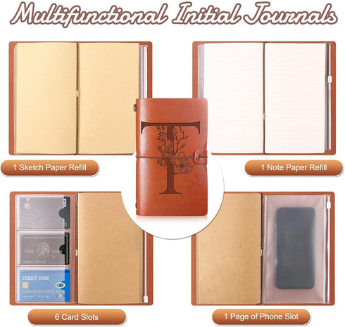 Initial Leather Travel Journal Monogrammed Notebook, Personalized Refillable Diary Writing Notepad for Women Graduation
