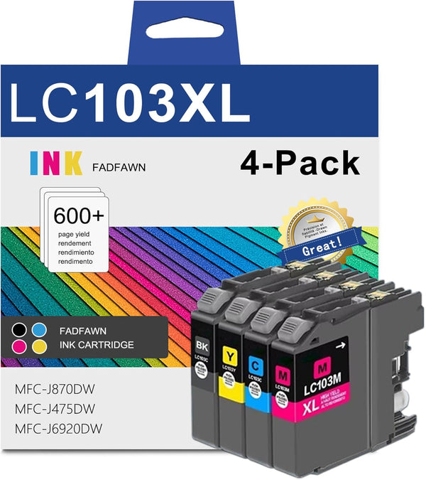 LC103XL High Yield Ink Cartridges Replacement for Brother LC103XL LC101 XL (BK/C/M/Y, 4-Pack)