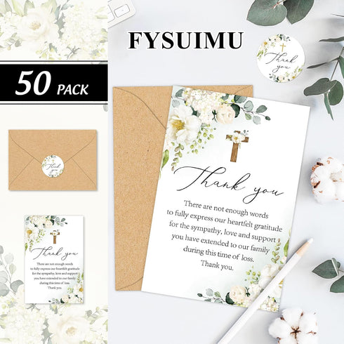 50 FYSUIMU Pcs Funeral Thank You Cards Bulk with Envelope Sticker Floral Sympathy Blank Note Cards White Flower Cross