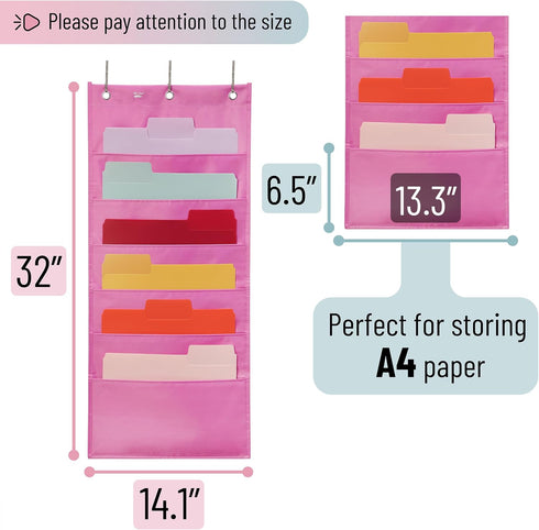 Mr. Pen Hanging Wall File Organizer, 6 Pocket Pink with 3 Overdoor Hangers Included