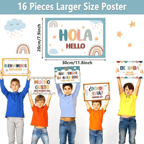 gisgfim 16 Pcs Spanish Words and Phrases Poster Set, Bulletin Board Study Spanish Classroom Decoration