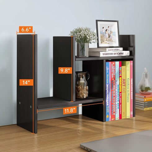 YSJILIDE Wood Adjustable Small Desktop Bookshelf, Expandable Storage Organizer, Office Supplies Desk Rack (Black)