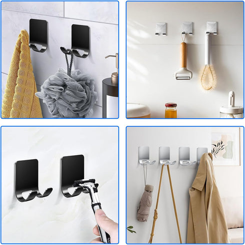 Rnodoilkfly 4Pcs Razor Holder, Shaver Hook Hanger, Multipurpose Self Adhesive Double Hooks, Silver Black Stainless