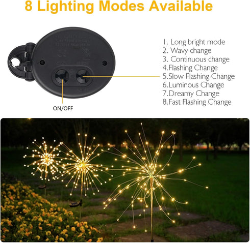 150 8 (2 Pack 300LED) SUNNEST Solar Lights Outdoor, LED Firework Light with Modes Solar Garden Light for Yard Outside