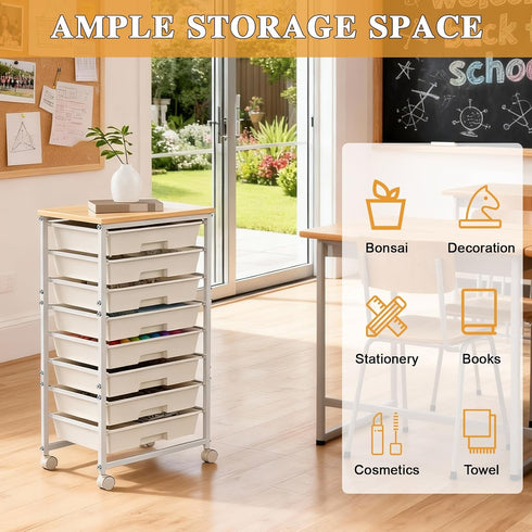 Wufuuoa 8 8-Tier Rolling Storage Cart with Drawers,Utility Cart on Wheels with Wooden Tabletop Craft Storage Trolley