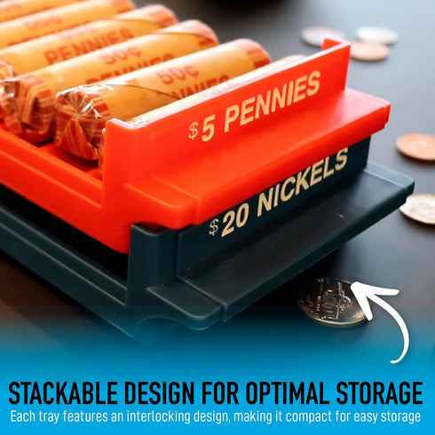Set Nadex Rolled Coin Storage Organizer Tray with Ridges for Loose Coins | Quarters, Dimes, Nickles, and Penny Color