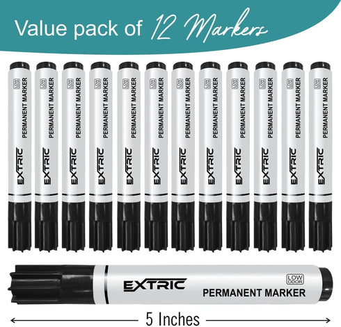 Permanent Markers Chisel Tip, Black, 12 Count, Quick Drying Ink, Works on Paper, Wood, Plastic, Metal and Glass, Great for Home, Office and School use by EXTRIC