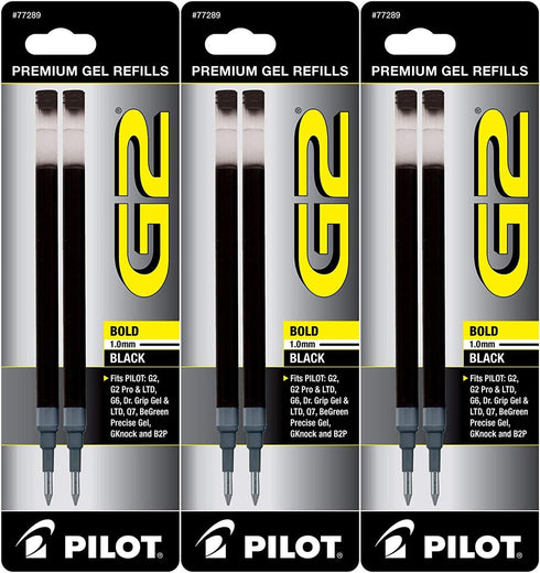 Pilot G2 Gel Ink Pen Refills, Bold Point 1.0mm, Black Ink, 6 Pack Refills