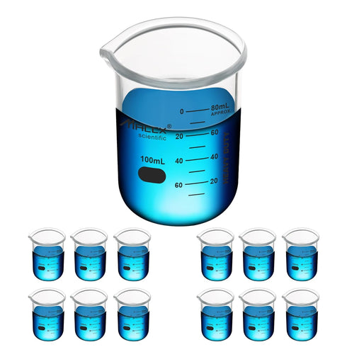 3.4oz (100ml) Sturdy Glass Beaker, 3.3 Borosilicate Griffin Low Form with Printed Graduation, Pack of 12