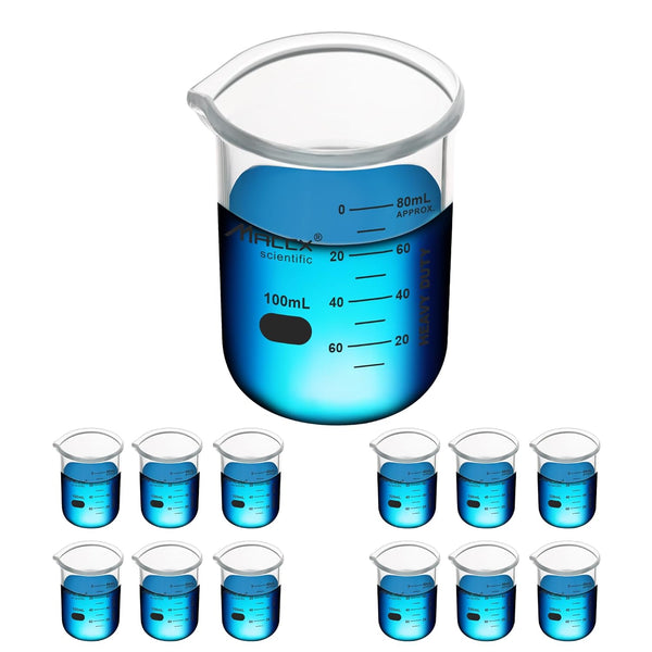 3.4oz (100ml) Sturdy Glass Beaker, 3.3 Borosilicate Griffin Low Form with Printed Graduation, Pack of 12