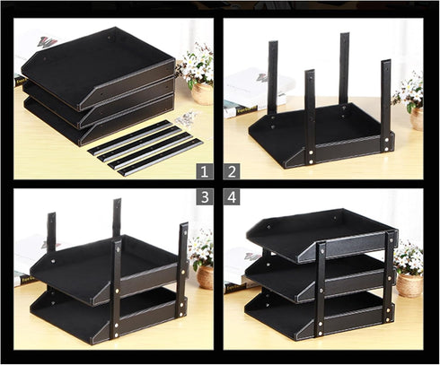 UnionBasic 3-Layer Faux Leather Document Paper Letter Tray, Desktop File Sorter Organizer Tray, Black