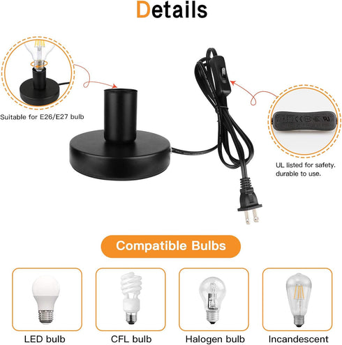 Industrial Mini Table Lamp Base - E26 E27 Without Shade, Short Desk Lamp Exposed Bulb Base, Simple Metal with 5.8ft Cord