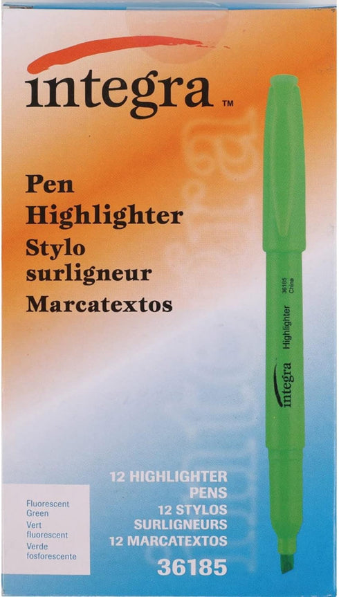 Integra Pen Style Fluorescent Green Highlighters, Pack of 12