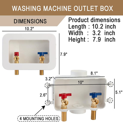Washing Machine Outlet Box Sweat Thread with 2 inch Central Drain, 1/2 inch Thread, Connection for Hoses