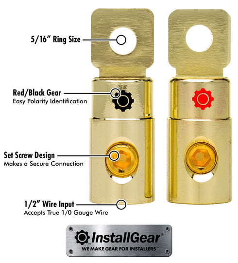 InstallGear 1/0 AWG Gauge Gold Ring Set Screw Battery Ring Terminals - 1/0 Gauge Wire Connector - 1/0 Ring Terminal (4 Pack)