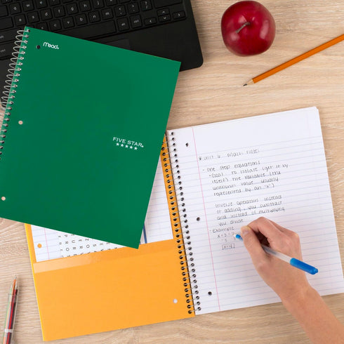 Five Star Spiral Notebook, 5 Subject, 200 Sheets, Wide Ruled, Water Resistant Cover, 8" x 10-1/2", Green