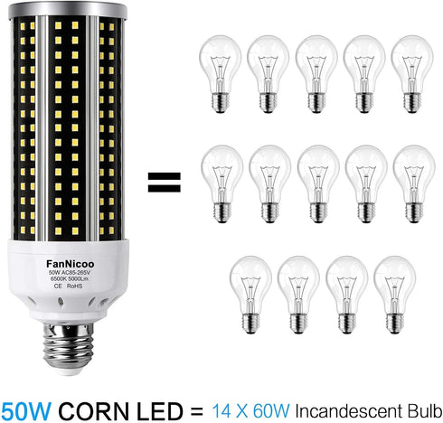 2 Pack LED Corn Light Bulb, 500W Equivalent, 5000 Lumen, 6500k Cool Daylight White, Large Area Bulb for Outdoor/Indoor