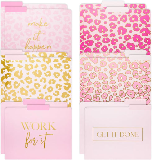 Paper Junkie 12 Pack Pink Leopard Decorative File Folders, Cute Gold Foil Print Office Supplies, Letter Size with 1/3