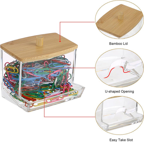 BTSKY Clear Paper Clip Holder with Bamboo Lid, Thick Acrylic Organizer for Office Supply Accessory Storage