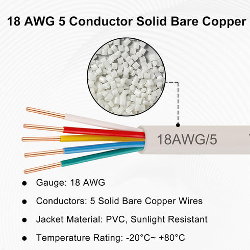 18AWG 5 20FT, 18 5 (10FT 20FT 25FT 30FT 50FT 75FT 100FT) XRDS -RF Conductor Thermostat Wire Solid Copper, Gauge Wire
