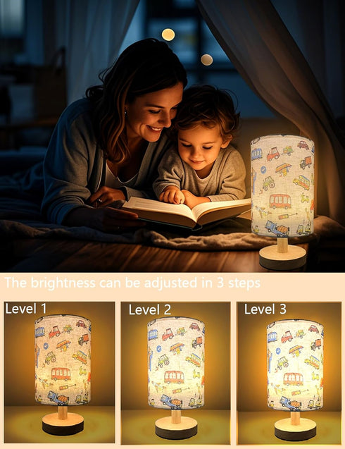 Lamp,3 Dimmable Kids Lamps for Bedrooms Boys,Car Level Wood Nightstand Desk Base Flaxen Fabric Shade for Bedroom Living