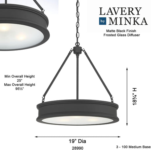 28990 100-Watt 3-Light Bulbs Minka Lavery Matte Black Drum Pendant Light with Frosted Clear Glass Shade, No Included