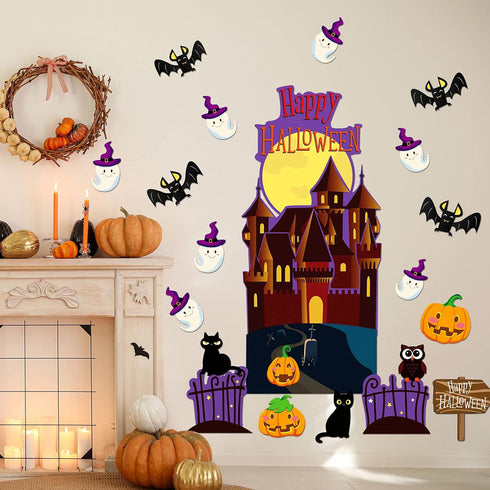 Spiareal 42 Pieces Halloween Cutouts, Bulletin Board Decorations with Halloween Castle, Pumpkin, Owl, Cat, Bat, Ghost