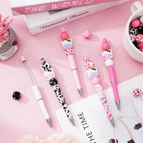 Whaline 12 Sets Cow Print Beadable Pens, DIY Pens with Milk Cow Shaped Beads for Students Office Gifts
