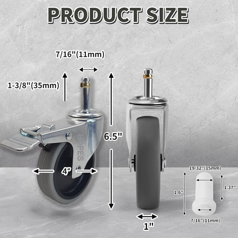 Set 4, 7/16 19/32 (7/16inch-brake, 3inch-440lbs) HOPES Utility Cart Caster Wheels of Rubber Swivel Casters with Grip